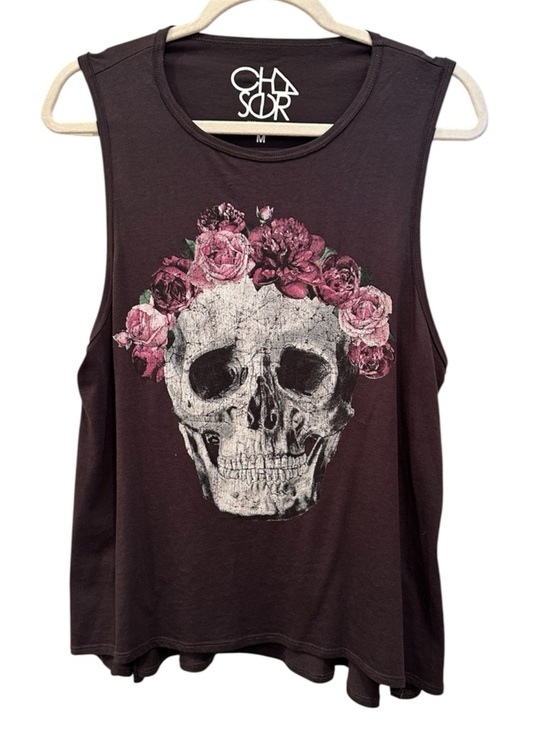 Chaser Tops - Chaser Floral Skull Graphic Tank Top Grunge Biker Festival Goth Dark Floral Sz M